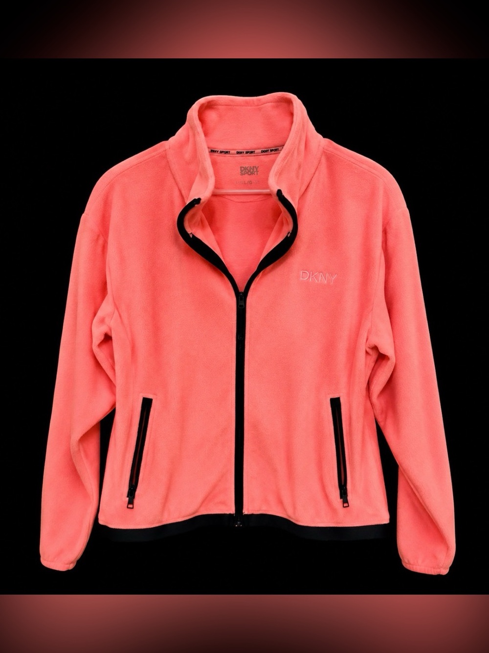 DKNY highlighter pink/orange fleece zip up jacket, women’s size large. Worn once